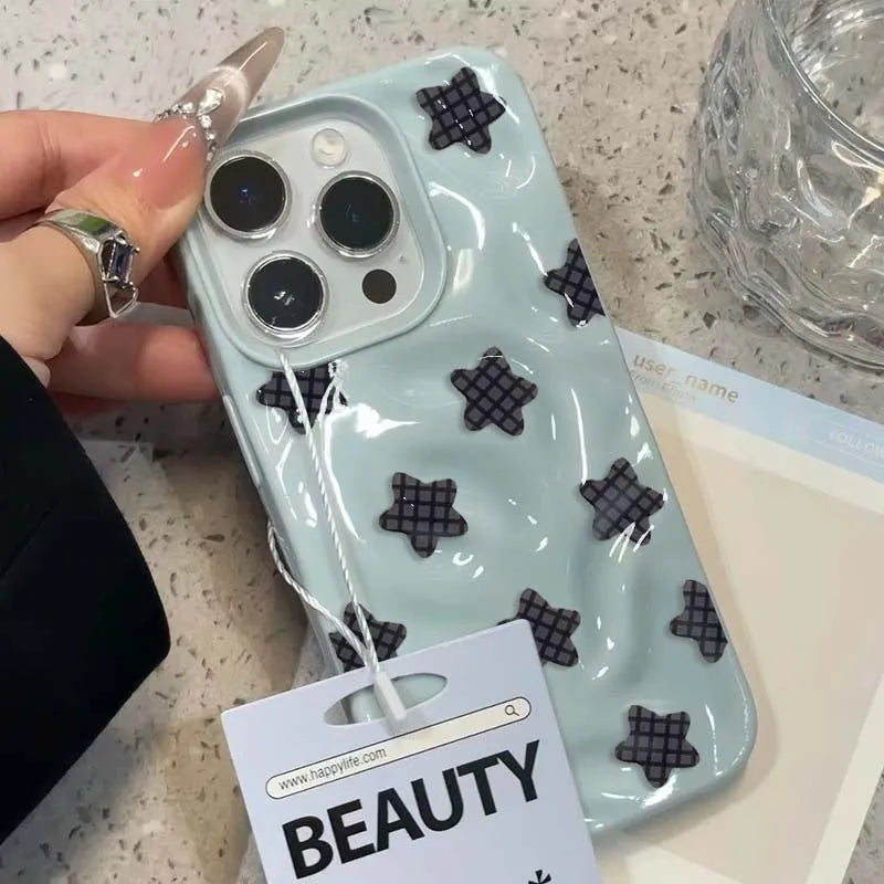 Cartoon Black Checkered Star Pattern Korean Phone Case for IPhone 16 17 Air 15 14 13 12 11 Pro Max Plus Shockproof Soft Cover