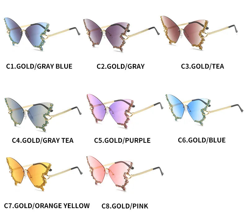 Luxury Party Sunglasses Women Butterfly Diamond Rhinestones Personality Flash Shades Tint Color Travel Blogger Glasses