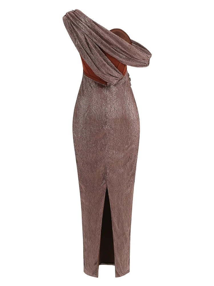 Evening Dresses: One Shoulder Draped Glitter Long Dress Women Brown