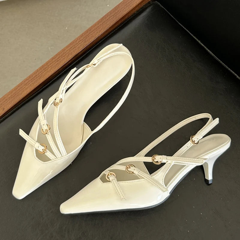 Aneikeh 2024 Designer Buckle Strap Narrow Band Pumps Women Sexy Pointed Toe Thin Heels Wedding Banquet Dress Mule Ladies Shoes