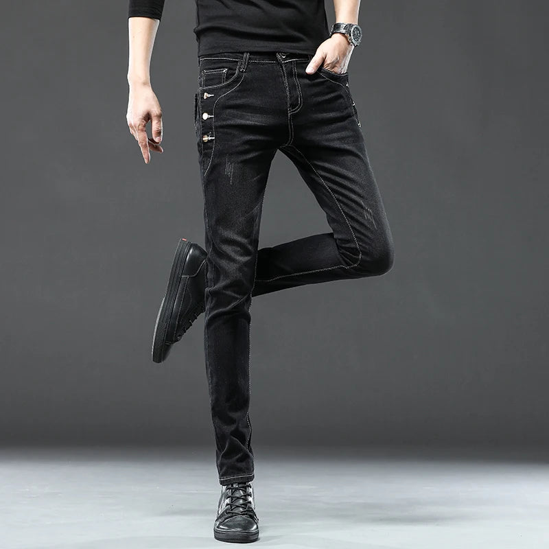 3 Colors 2023 Men Cotton Jeans Korean Style Stretch Slim Fit Denim Pants