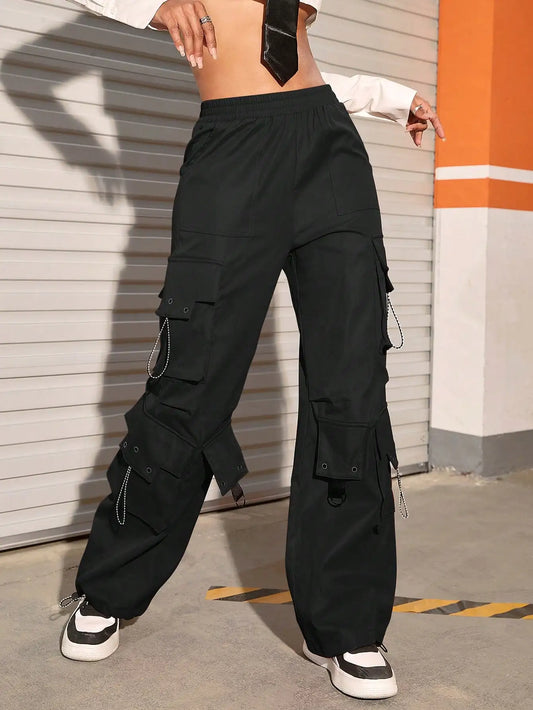 High Street Trend Hip Pop Flap Pocket Side Elastic Waist Loose Straight Cargo Pants
