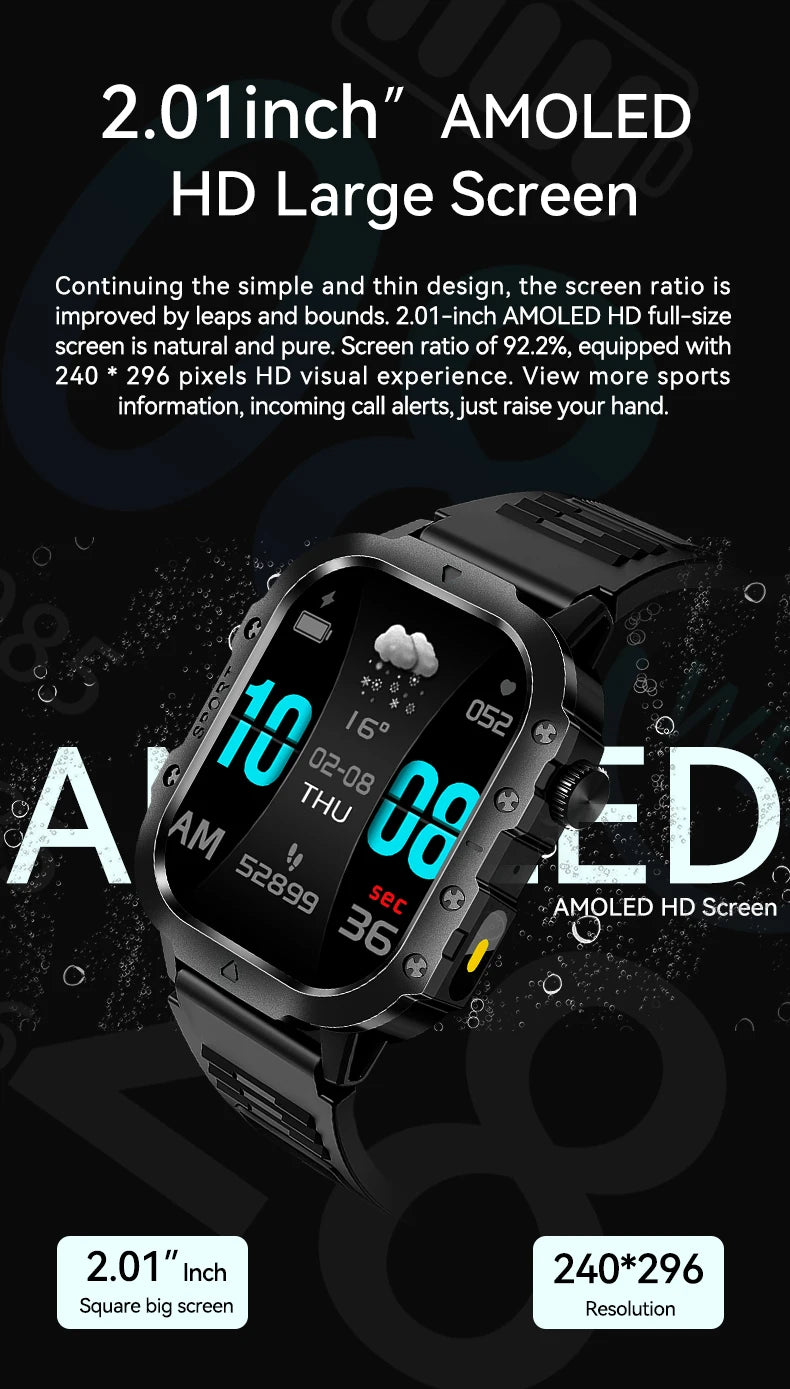 LAXASFIT 2025 New Military Smart Watch Men Outdoor Sports Fitness Tracker Health Monitoring 2.01Inch Bluetooth Calls Smartwatch