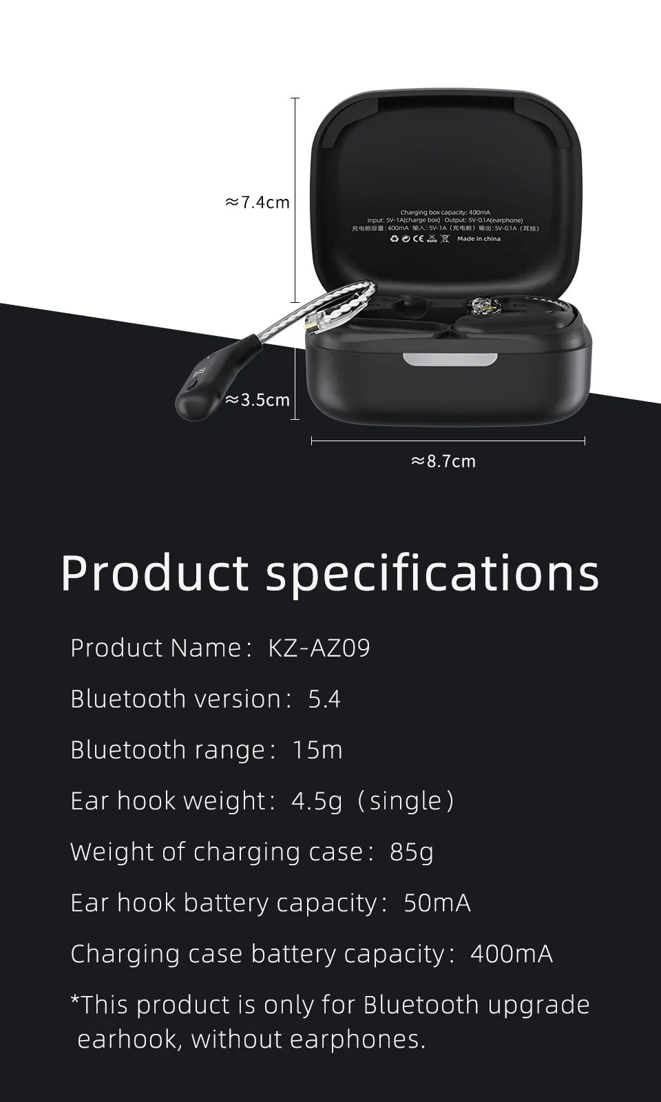 KZ AZ09 Wireless Upgrade Cable Bluetooth-compatible 5.2 HIFI Wireless Ear Hook C PIN Connector With Charging Case