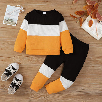 2PCS Kids Boy Clothing Set Fashion Color Block Long Sleeve Top+Pants Spring&Autumn Handsome Sports Outfit for Children 1-6 Years