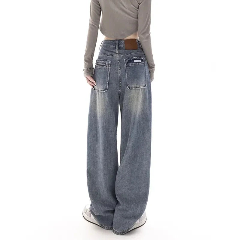 Korean Y2k Retro Wide Leg High Waist Straight Pants Streetwear Style Blue Jeans