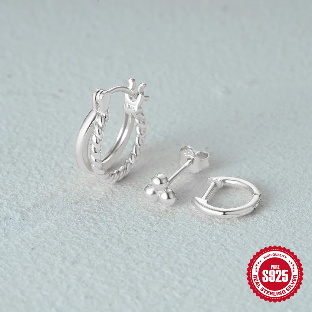 CANNER 925 Sterling Silver 3PCS Zircon Double Layer Hoop Earrings For Women Minimalism Ins Earrings Fine Jewelry Party Gift