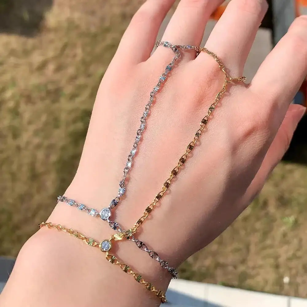 Geometric 3 Pcs Marquise Cubic Zirconia CZ Double Wrist Hand Chain Bracelet Simple Fashion Women Jewelry