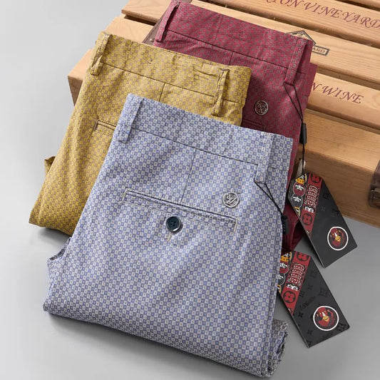 Plaid Casual Pants Men Korea Fashion Straight Fit Jacquard Weave Formal Suit