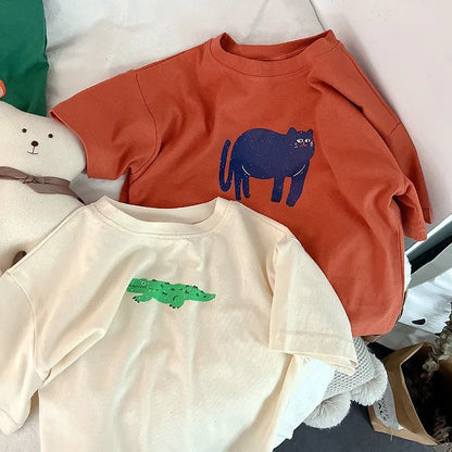 Animal Pattern Baby Boys Girls Short Sleeve Tops Kids Tees Summer Clothing Loose Fashion Trendy Children's Wear T-shirt O-neck