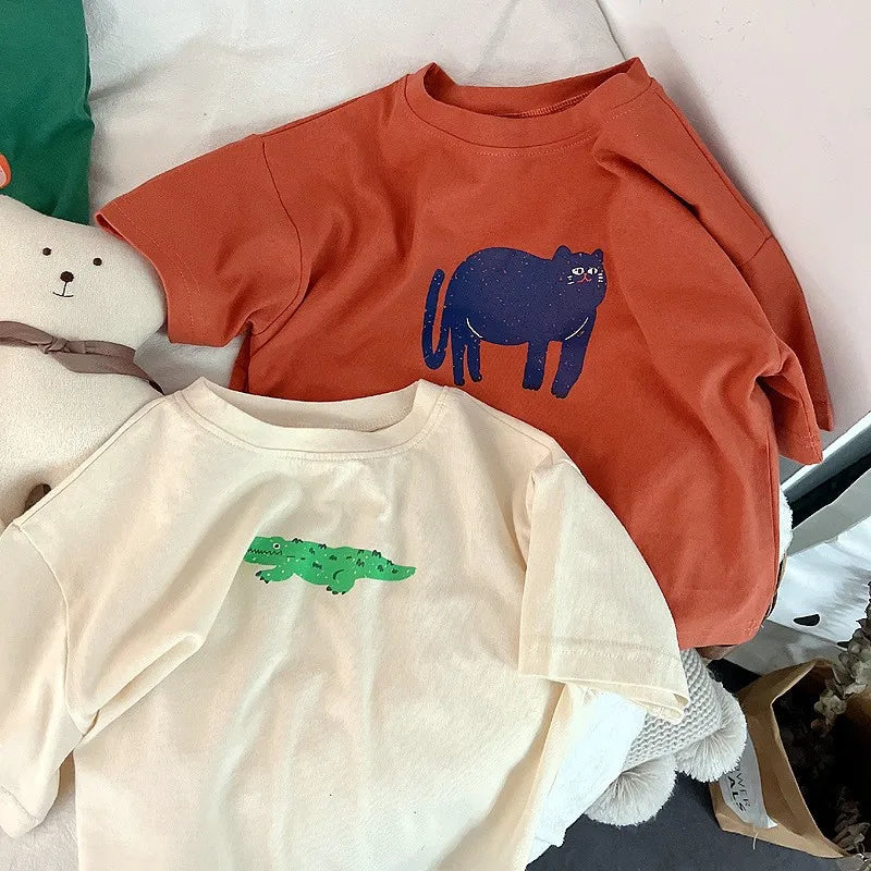 Animal Pattern Baby Boys Girls Short Sleeve Tops Kids Tees Summer Clothing Loose Fashion Trendy Children's Wear T-shirt O-neck