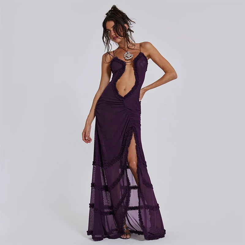 Evening Dresses: Sleeveless Hollow Dress Camisole Shrunk Split Wave Cut Dress