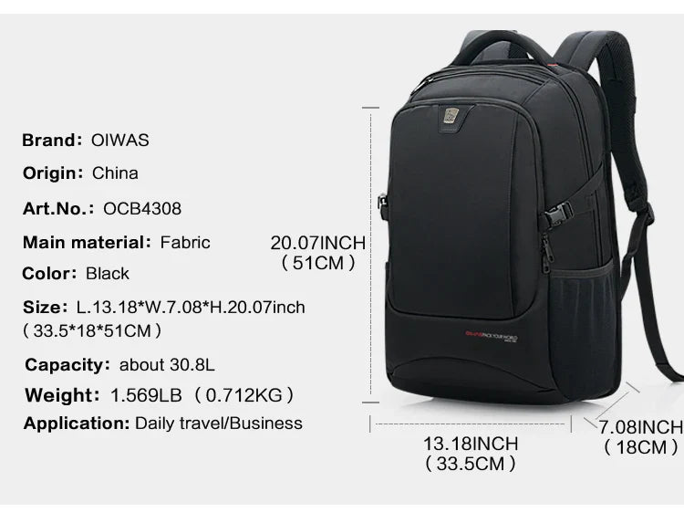 OIWAS Travel Multifunction Backpack Fashion Zipper Open Bag Men's Backpack Laptop High Quality Male Women Business Classic Bags