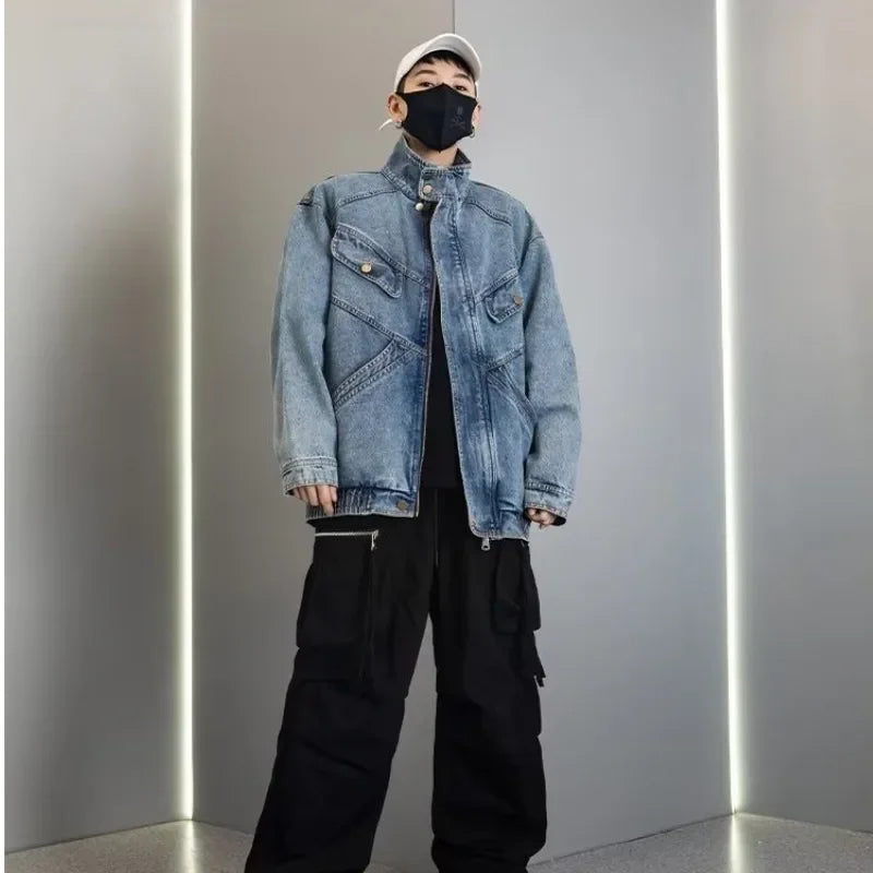 Denim coat men's spring and autumn new loose design sense of standing collar cargo jacket