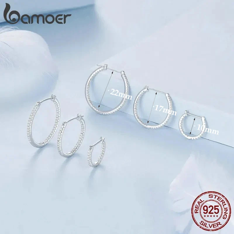 BAMOER 925 Sterling Silver Cubic Zirconia Hoop Earrings, White Gold Plated Lightweight Hypoallergenic Hoop Earrings for Women