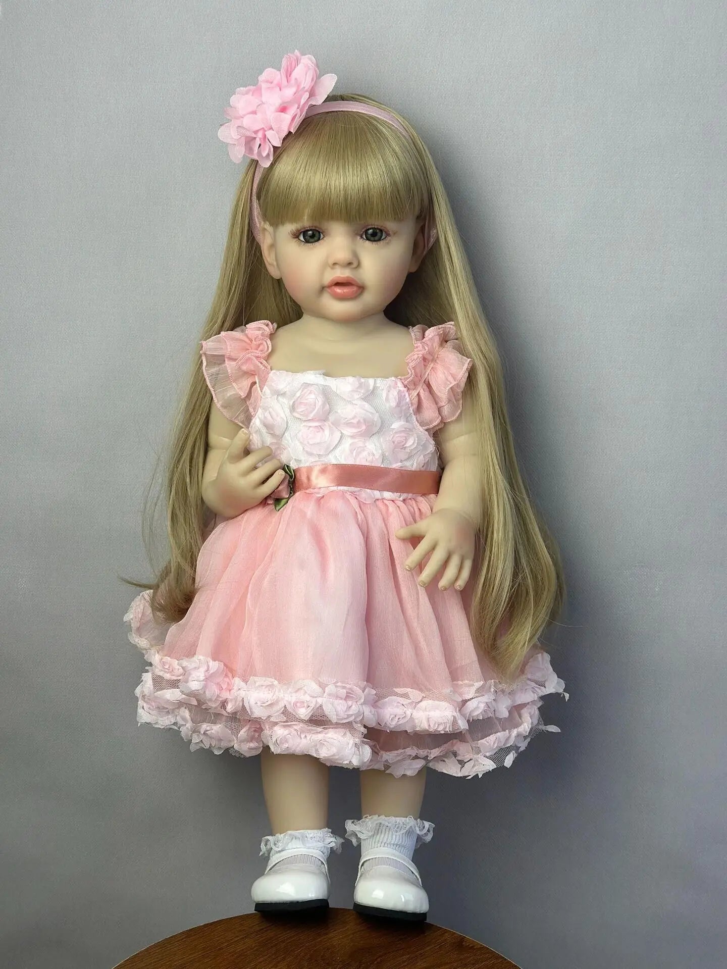 BZDOLL 55cm 22inch Lifelike Reborn Baby Girl Doll Soft Silicone Long Brown Hair Realistic Princess Toddler Bebe Birthday Gift
