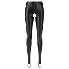 Womens Lingerie Glossy Open Crotch Stirrup Tights Leggings Stretchy Smooth Mid Waist