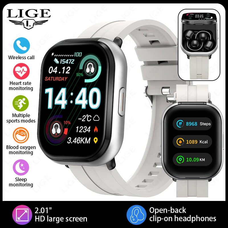 LIGE New Open-back Cip-on Headphones Smart Watch For Men Women 2.01” HD Screen Massive Watch Faces Bluetooth Call Smartwatches