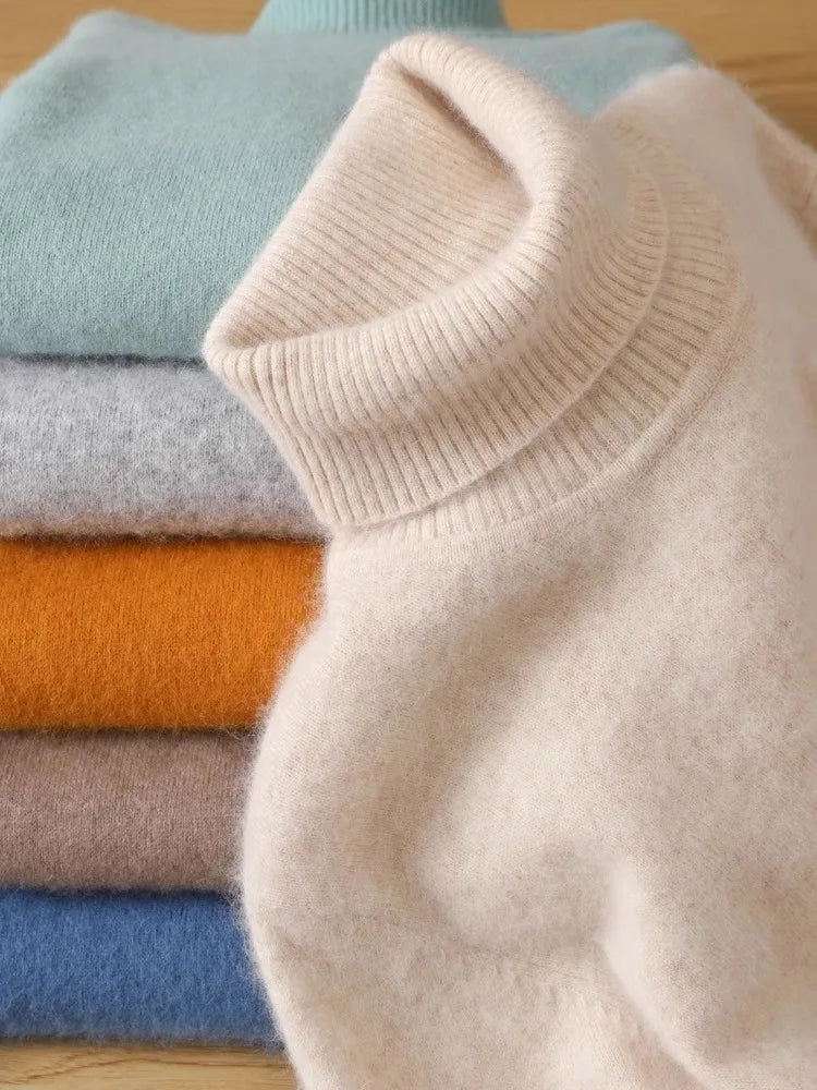 Men's 100% pure Mink velvet Cashmere Sweater High Lapels Pullovers Knitted Winter