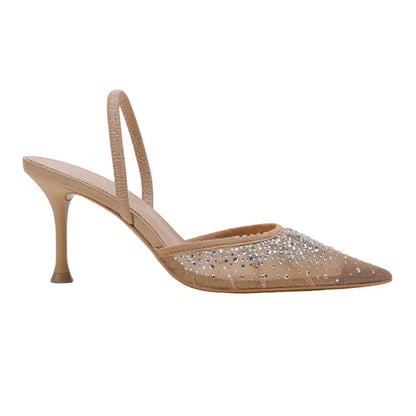 TRAF 2024 Women High Heeled Sandals Summer Fashion Mesh Rhinestone Slingback Woman Pumps Elegant Woman Sandals Party Lady Shoes
