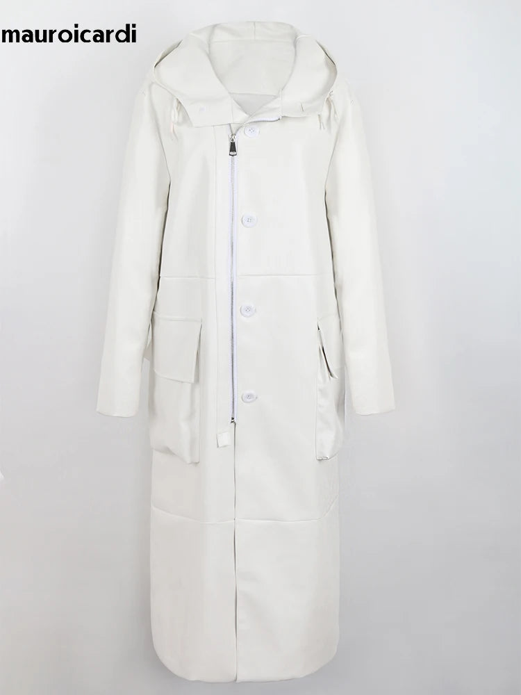 Long Black Loose Waterproof Windproof Soft Pu Leather Trench Coats
