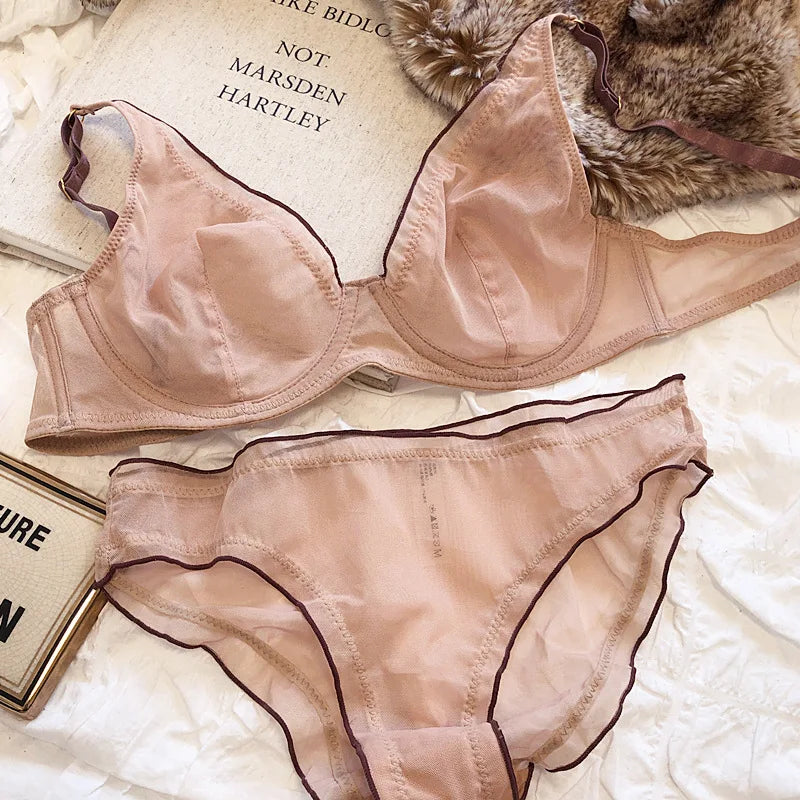 French Ultra Thin Bralette for Women Underwear Top Deep V Push Up Bra Set