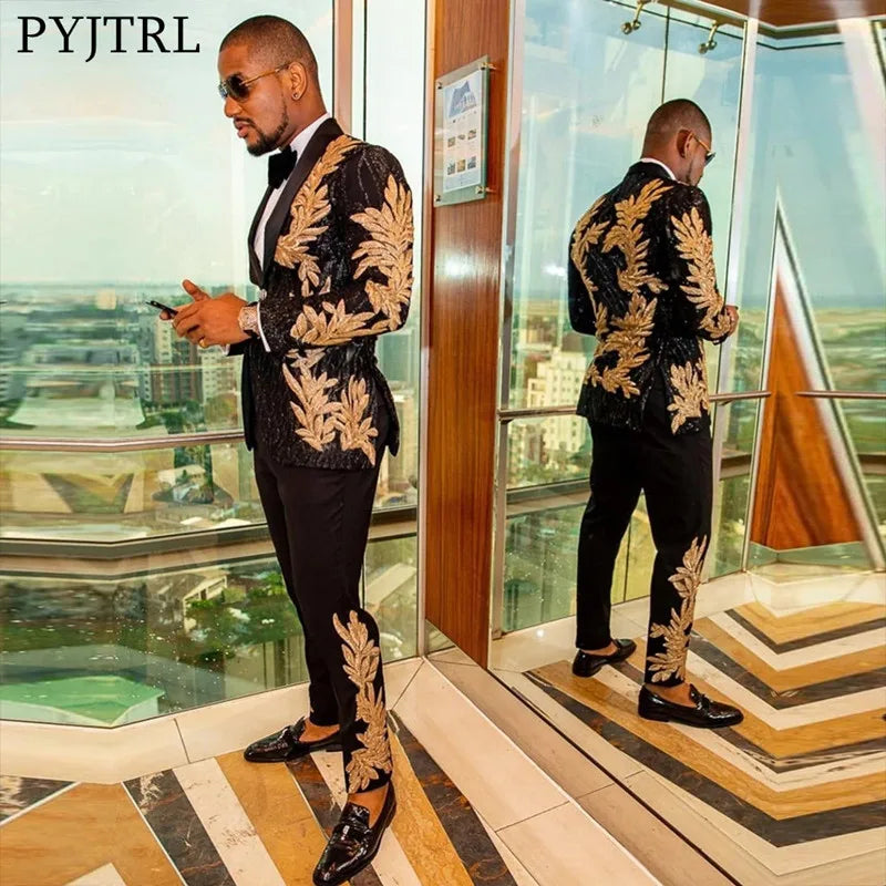 men's fashion gold sequin applique suit suit casual suit jacket song two-piece set