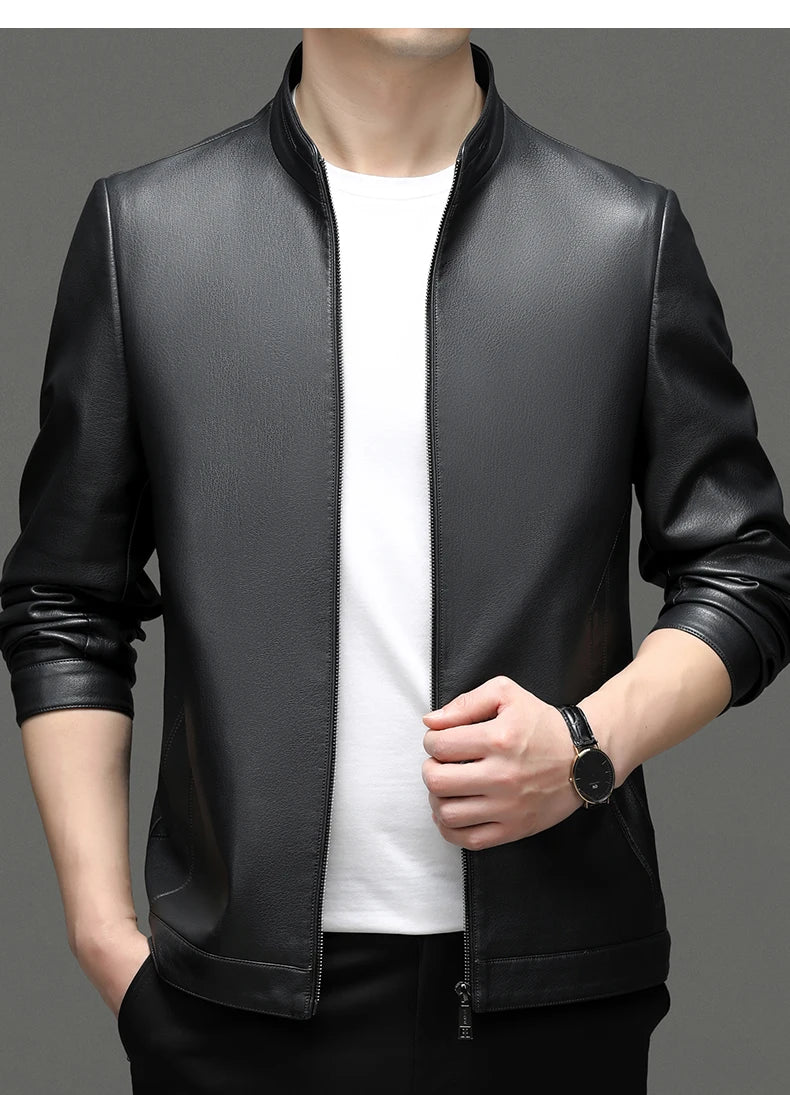 Spring and Autumn Men's Genuine Leather Polo Mock Neck Jacket Fashion