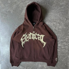 Hooded American retro zipper sweatshirt Gothic letter star print hoodie trendy men's casual