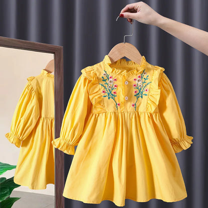 Korean Spring Autumn Kids Girls Dress Cotton Long Sleeve Flower Embroidery Baby
