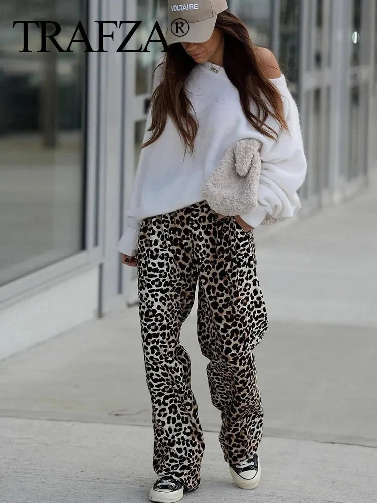 Leopard Print Pant For Women Fashion Vintage High Waist Slim Trousers