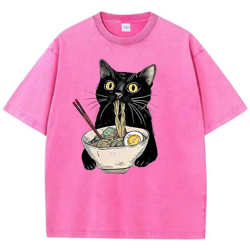 Unisex Hip Hop T Shirt Vintage Washed 100% Cotton T-Shirt Black Retro Cat Eating Ramen Graphic Tee Casual Streetwear