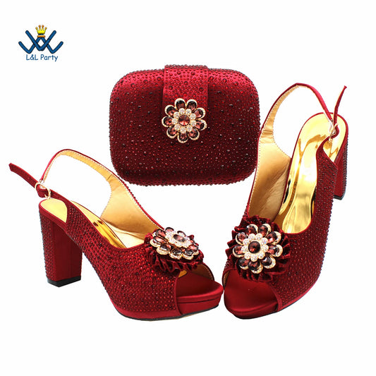 Spring Autumn High Quality Peep Toe Shoes Matching Bag Set in Wine Color