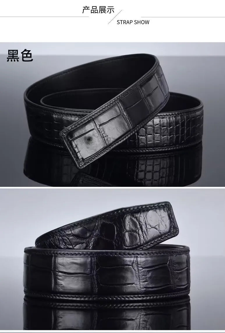 3.8 wide punched men's cowhide leather belt, high-end fashion trend crocodile pattern genuine leather belt without buckle durabl