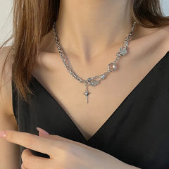 Shiny Star Necklace for Women Y2K Crystal Zircon Cross Pendant Necklaces