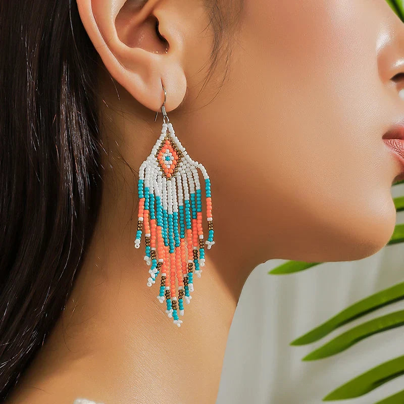 MYYA  White Rice Beads Earrings For Women Retro Boho Tassels Water Drop Earrings Exaggerated Ethnic Style Earrings Jewelry