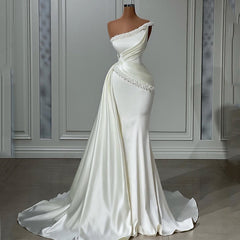 Wedding Dresses One Shoulder Pearls Dress White Beach Floor Length