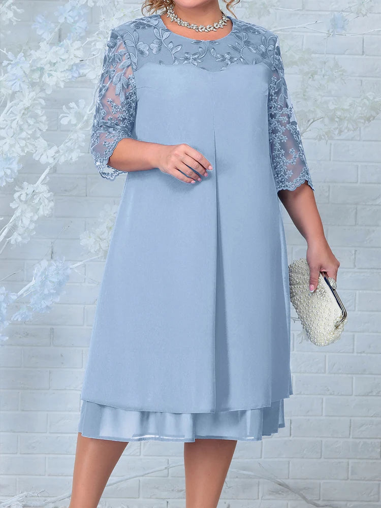 O-Neck Solid Color Long-Sleeved Dress Hollow Lace Fashion Casual Embroidery Chiffon Splicing Plus Size Women's Half Sleeve Dress