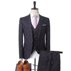 Plaid Suit Men Blazer Vest Pants Business British Style Wedding Dress Banquet