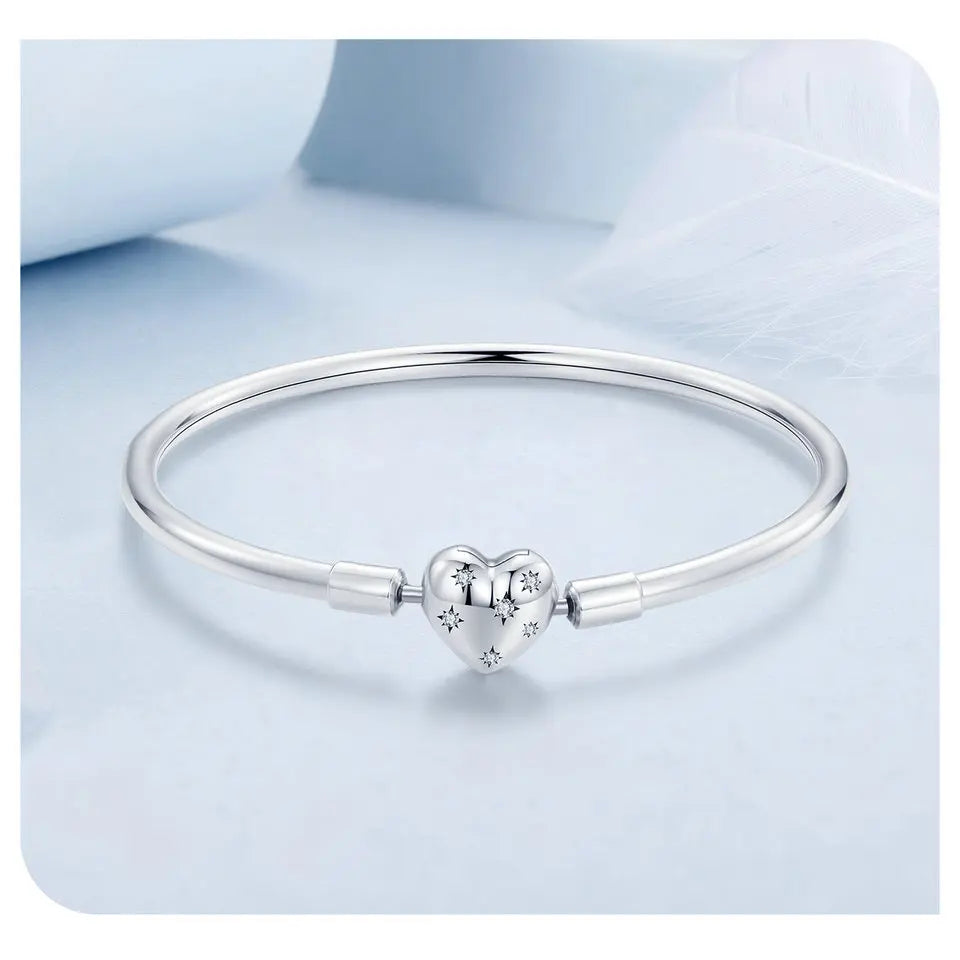 BAMOER Genuine 925 Sterling Silver Charm Glossy Bracelet Heart/Shell Clasp Basic Bangle Star Spacer Beads for Women DIY Jewelry