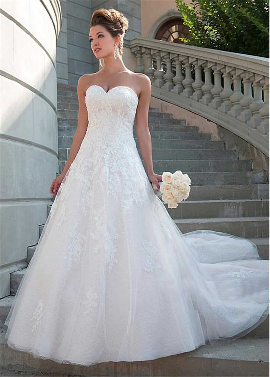 Lace Sweetheart Neckline A-line Wedding Dress Strapless Crystals