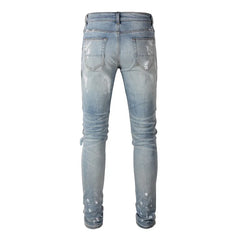 Men Crystal Skinny Stretch Denim Jeans Streetwear Holes Ripped Distressed Pants