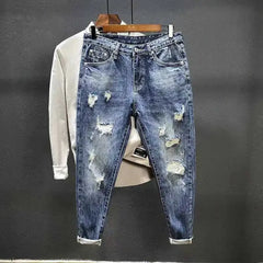 Torn Mens Cowboy Pants with Print Ripped Broken Holes Graphic Trousers