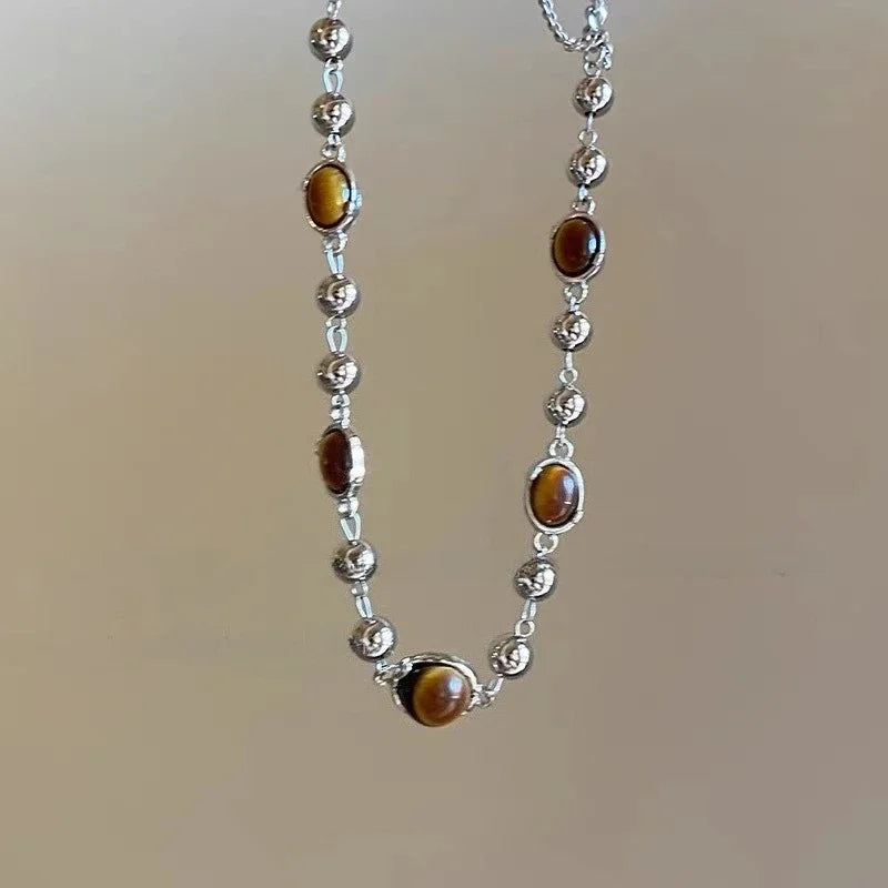 Vintage Leather Brown Stone Pendant Necklace Women's Retro Stacking Choker Temperament Clavicle Chain Hip Hop Jewelry Accessory
