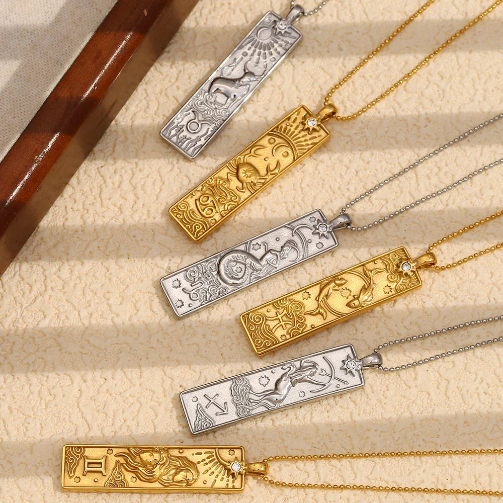 E.B.belle 18k Gold Plated Rectangle Shape 12 Constellation Pendant Necklace Stainless Steel Waterproof Fashion Women's Jewelry