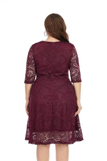 Plus Size Contrast Lace Semi Sheer 3/4 Sleeve Midi Dress, Women's Plus Slight Stretch Elegant Midi Dress
