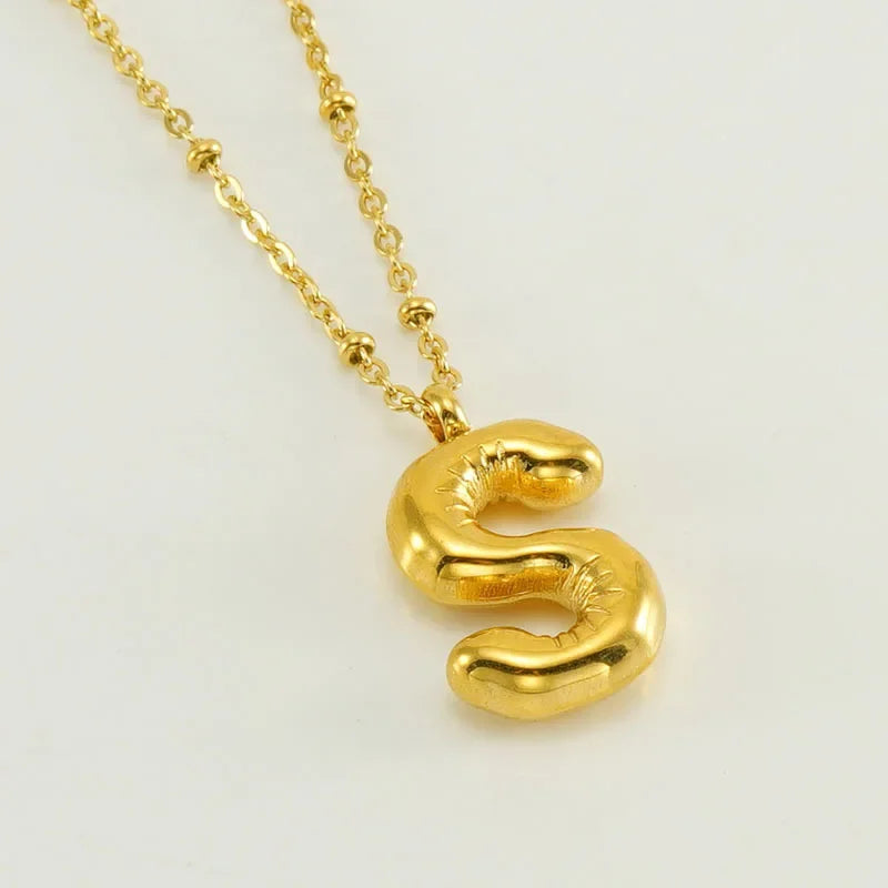 Vintage Stainless Steel Balloon Bubble Chunky Letter Necklace for Women 18K Gold