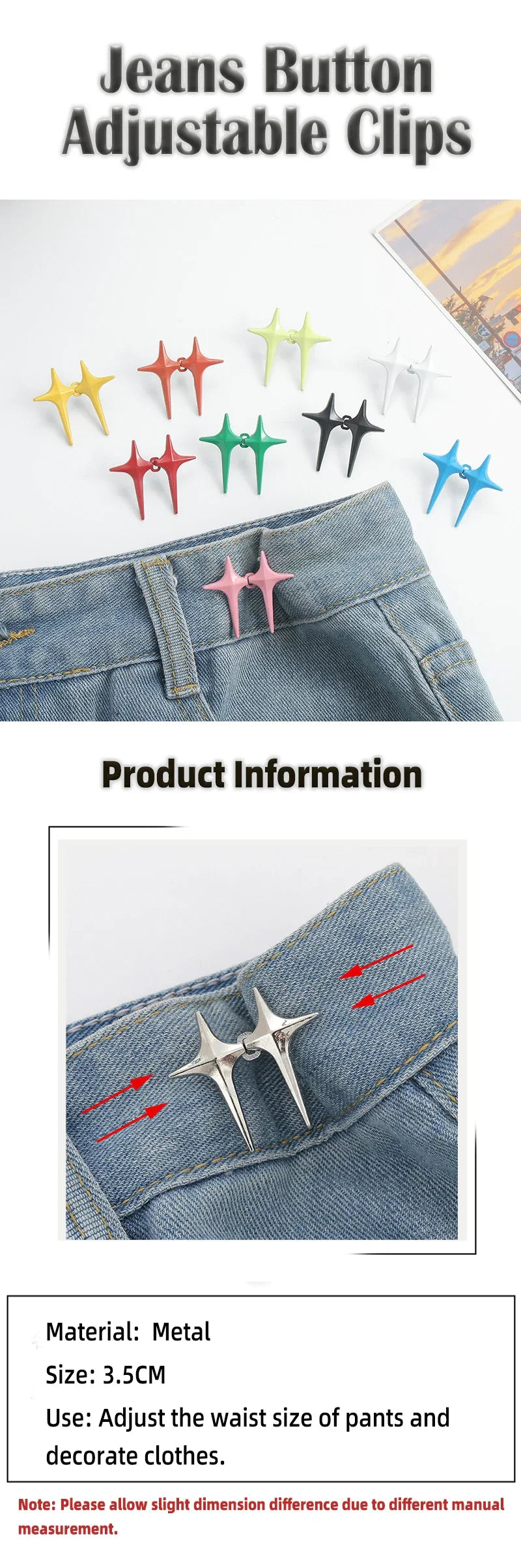 1Pair Cross Star Waist Buckle Adjustable Detachable Pants Clips Waist Tightener Nail-free Metal Button Snaps for Jeans Decor