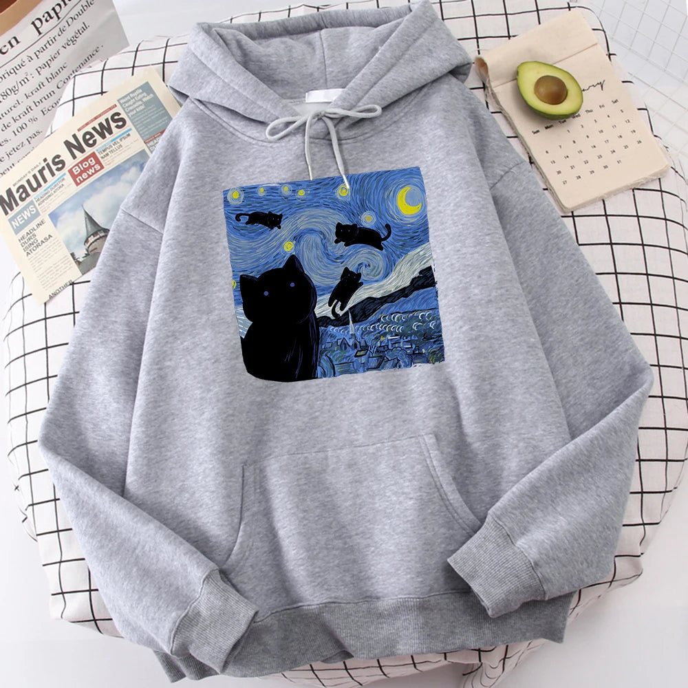 The Starry Cat Night Printing Hoodies Men Autumn Oversize Hoodie Fashion Fleece