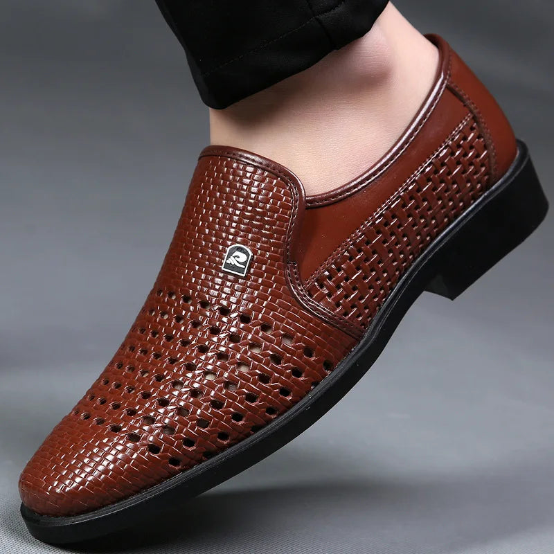 Cow Leather Mens Casual Shoes Hollow Out Summer Sandals Breathable White Business Formal Shoes Slip-on Loafers Shoes for Men